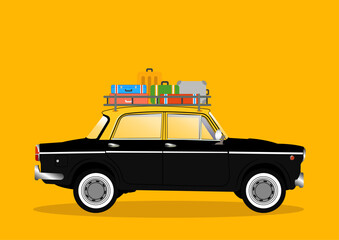 Vector illustration of Indian car taxi loaded with luggage on carrier. Mumbai kaali-peeli taxi on yellow background.
