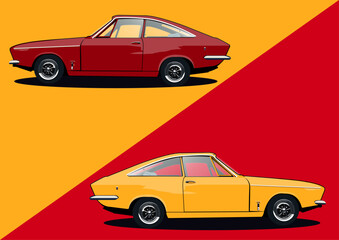 Vector illustration set of side view of yellow and red color vintage car.
