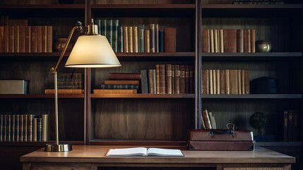 Office with a wooden interior. Stylish lamp and desk. Generative AI