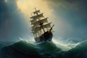 Large ship sailing the ocean, oil painting art . Generative AI