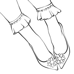 woman's Feet in trendy shoes with crystal and cute socks line sketch. simple monochrome fashion illustration 