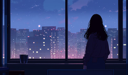 窓から見える夜景と女性のシルエット