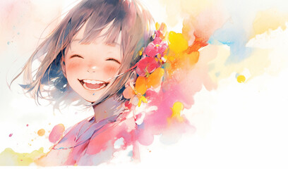笑顔の少女のカラフルな水彩イラスト - obrazy, fototapety, plakaty