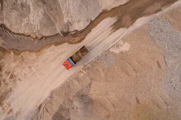 Aerial top view Mining truck working in sand opencast. Open pit mine concept