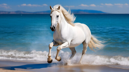Obraz na płótnie Canvas White horse galloping on the beach