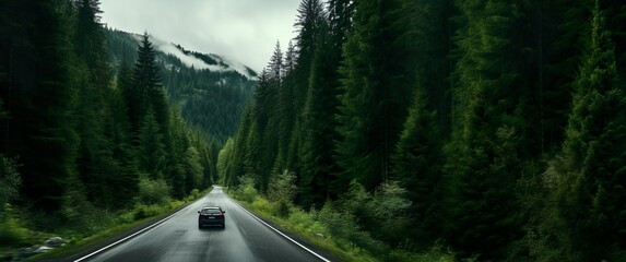 Driving through a green forest in the mountains. A car is moving on a wet road after rain. High altitude conifer pine forest. Panorama view shot.