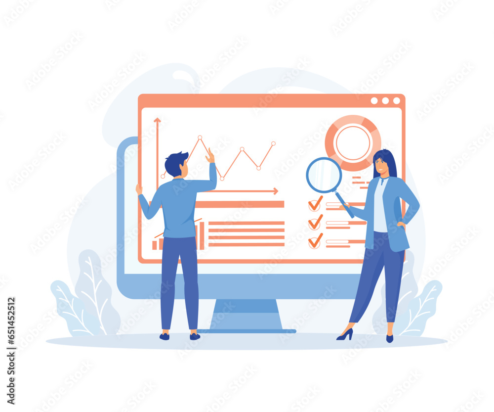 Wall mural business people working for data analytics and monitoring on web report dashboard monitor, flat vect