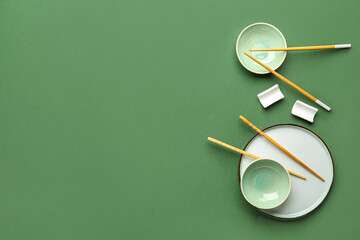 Chinese table setting on green background