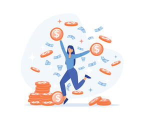 Happy woman getting cash. Person saving money, getting profit or high income, flat vector modern illustration