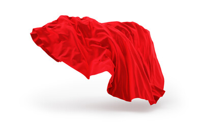 Flows of red fabric of various shapes on a white background. 3D illustration