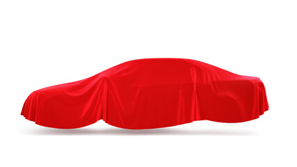 Flows of red fabric of car shape on a white background. 3D illustration