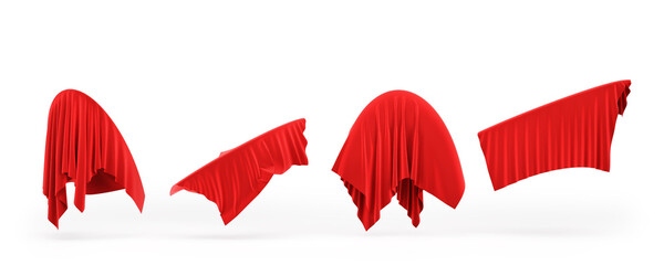 Set of flows of red fabric of various shapes on a white background. 3D illustration