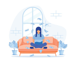 woman earning money from couch at home, person sitting on sofa with laptop computer and dollar bills raining down, flat vector modern illustration