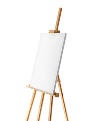 Wooden easel with blank canvas isolated on white background