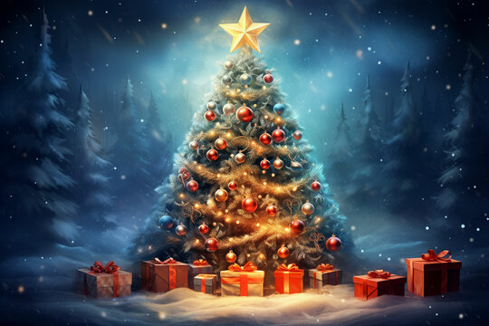 fantasy christmas tree with gifts celebratin on blue winter background