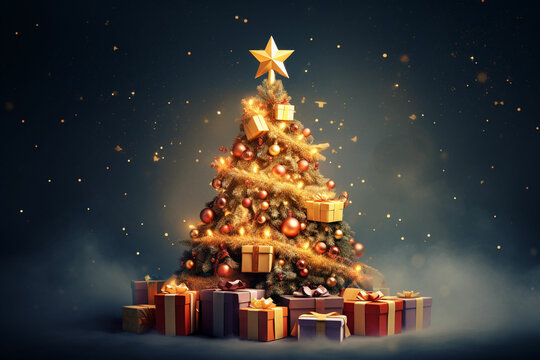 fantasy christmas tree with gifts celebratin on blue winter background