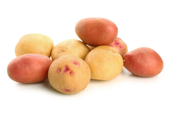 Heap of fresh raw potatoes on white background