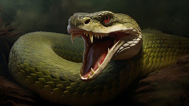  a large green snake with its mouth open and it's mouth wide open.  generative ai