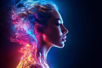 Futuristic woman with neon energy flowing in her body