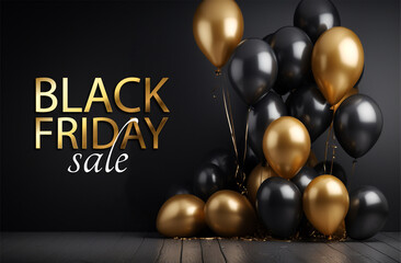 realistic black friday sale banner with gifts and balloons