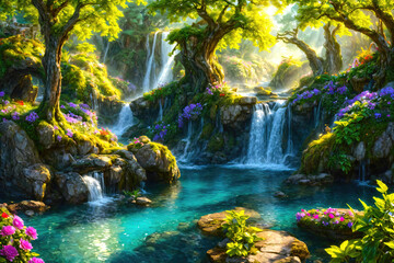 Beautiful landscape with waterfalls and flowers, magical idyllic background with many flowers in Eden.