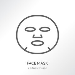 Face sheet gel hydrogel mask. Skin care icon. Outline pictogram. Line art. Vector illustration isolated on gray gradient background. Flat design. Cosmetology, medicine, health care. Editable stroke