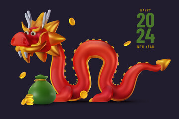 Happy chinese new year 2024. Holiday background composition in 3d cartoon style. Festive banner template. Bright zodiac symbol red dragon with golden coins. Cute vector illustration.