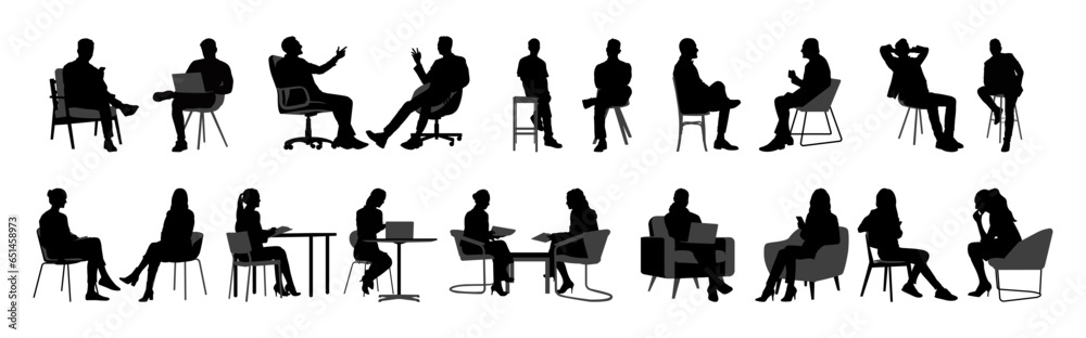 Wall mural vector set of detailed people sitting silhouettes isolated on white background