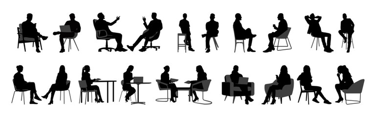 Vector set of detailed people sitting silhouettes isolated on white background