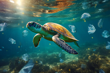 Fototapeta premium Sea Turtles can eat plastic bags mistaking them for jellyfish.Environmental issue of plastic pollution problem.