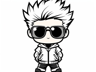  a cartoon boy wearing sunglasses and a hoodie, set against a white background He has a cheerful expression on his face, and his eyes are wide open, giving him a fr