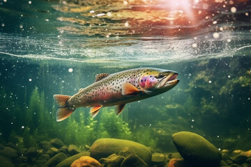 Fishing rainbow trout fish splashing in the water of a forest lake.