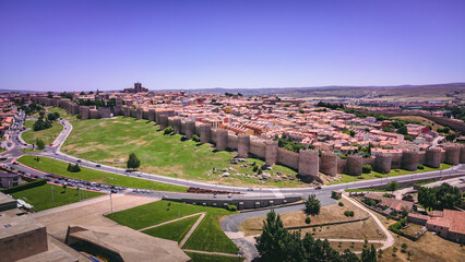 Aerial view to medieval wall of Avila town, spain