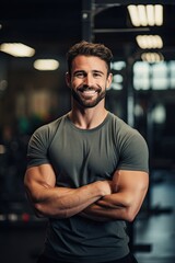 Fototapeta na wymiar Portrait of a smiling gym man trainer standing