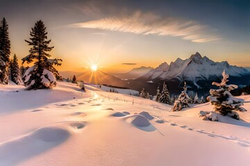 sunrise in the mountains at snow