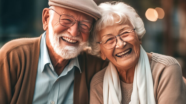 elderly couple is happily posing for a picture, sharing smiles.