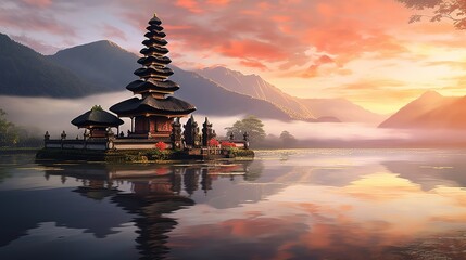 Pura Ulun Danu Bali, Hindu Temple at sunset, Generative AI