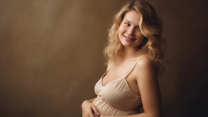 positive pregnant woman, showing belly, happy, expression of happiness.