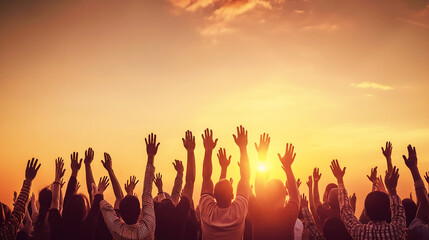 Worship God concept, International Human Rights Day concept:
 Silhouette people's hands rising over blurred abstract autumn sunset background, people's hands rising over, Religious Faith and Worship
