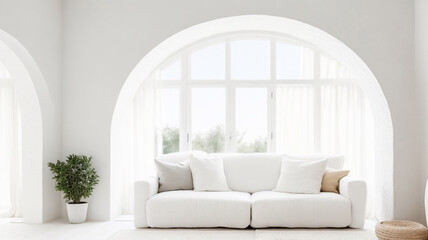 Interior of modern living room with white sofa and window, 3d render.