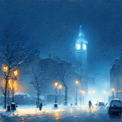 Winter Cityscape, painted canvas background image
