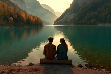 Young lovely couple having picnic with view on nature and lake - obrazy, fototapety, plakaty