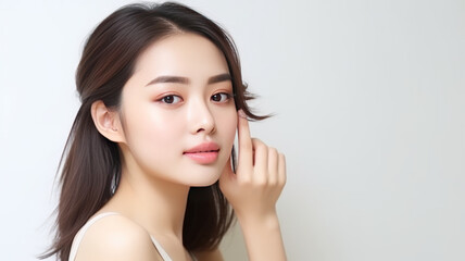 A beautiful asian female model, one hand stroking her cheek, on a white background.