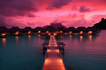 Luxury resort villas seascape with soft led lights under colorful sky. Beautiful twilight sky and colorful clouds