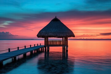 Fototapeta na wymiar Wooden hut at tropical beach at sunset