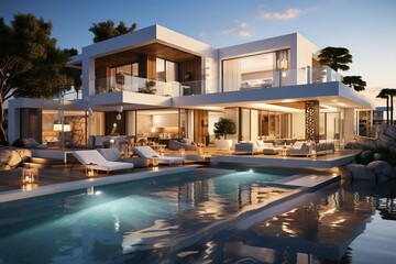 Fototapeta premium Santoro Villa Mykonos: A Luxurious Haven Where Ethereal Sunsets Paint the Sky with Their Enchanting Hues, Harmoniously Blending the Timeless Beauty of Traditional Architecture with the Modern Elegance