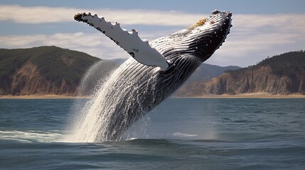 whales are jumping on the surface of the sea water - obrazy, fototapety, plakaty