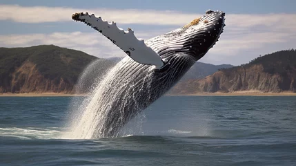 Fotobehang whales are jumping on the surface of the sea water © dedy
