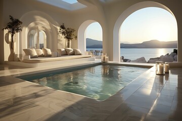 Obraz na płótnie Canvas Santoro Villa Mykonos: A Luxurious Haven Where Ethereal Sunsets Paint the Sky with Their Enchanting Hues, Harmoniously Blending the Timeless Beauty of Traditional Architecture with the Modern Elegance