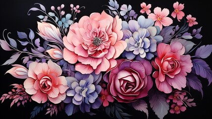 On a dark background, a lovely watercolor bouquet of flowers is displayed. .